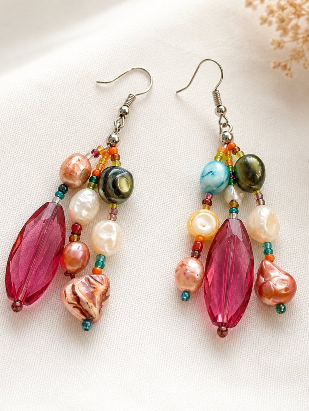 Artisan Mixed Media Drop Earrings Pink Crystal & Pearl Style Beads
